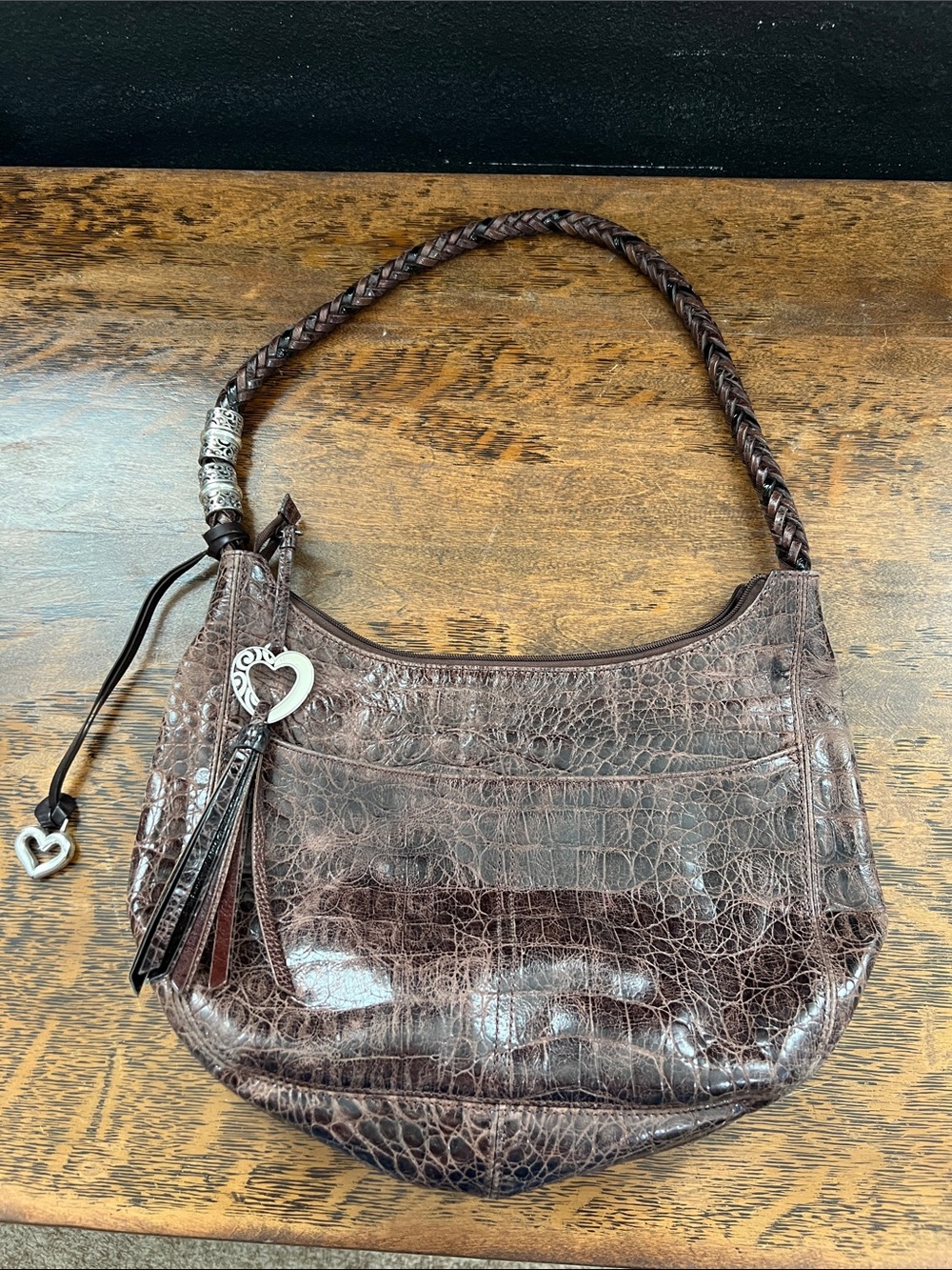 Brighton leather crocodile hobo style handbag shoulder bag, charm, woven handle